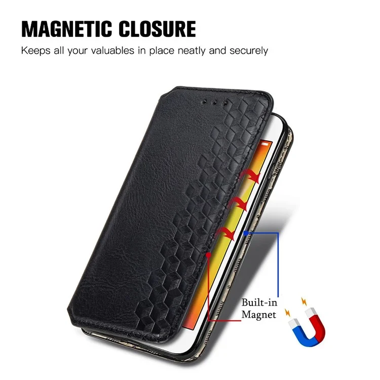 Fashion Auto-absorbed Rhombus Texture PU Leather Wallet Stand Cover für iPhone 7/8/SE (2020)/SE (2022) - Schwarz