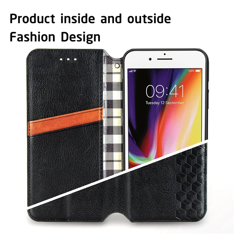 Fashion Auto-absorbed Rhombus Texture PU Leather Wallet Stand Cover für iPhone 7/8/SE (2020)/SE (2022) - Schwarz