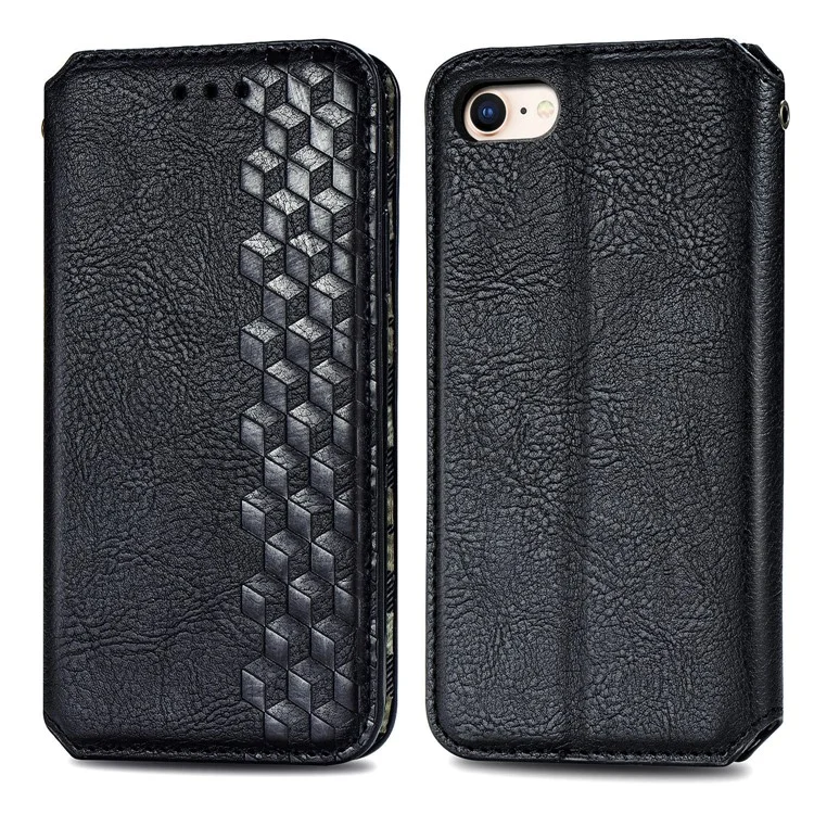 Fashion Auto-absorbed Rhombus Texture PU Leather Wallet Stand Cover für iPhone 7/8/SE (2020)/SE (2022) - Schwarz