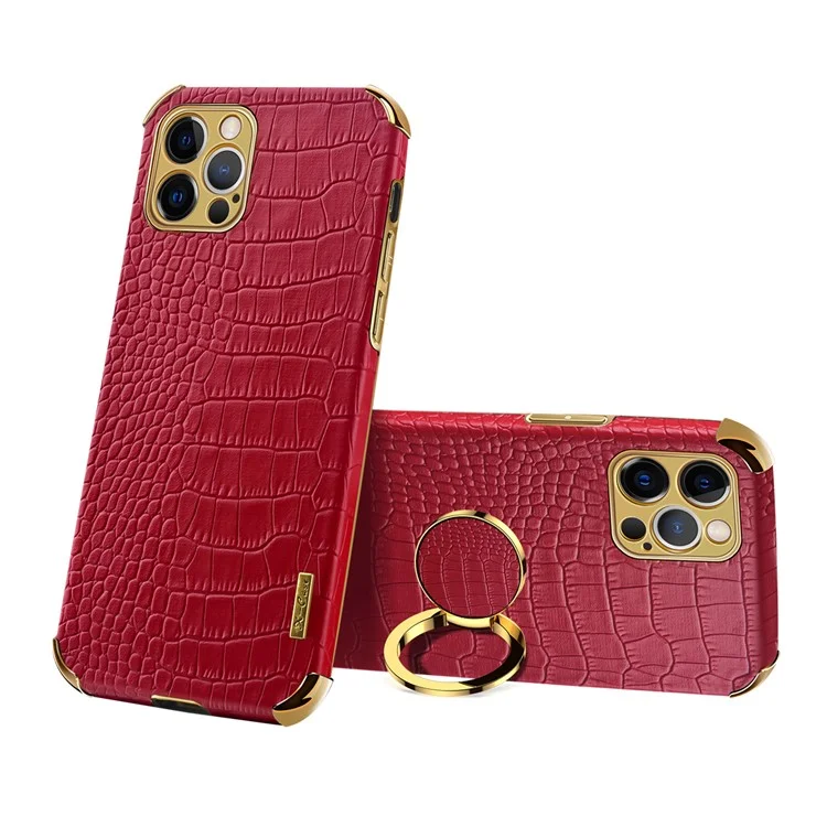 Krokodil Textur 6D Galvanisierungsdesign Präzise Ausschnitt PU Leder + TPU Phone Case Mit Ringhalter Für IPhone 12 Pro - Orange