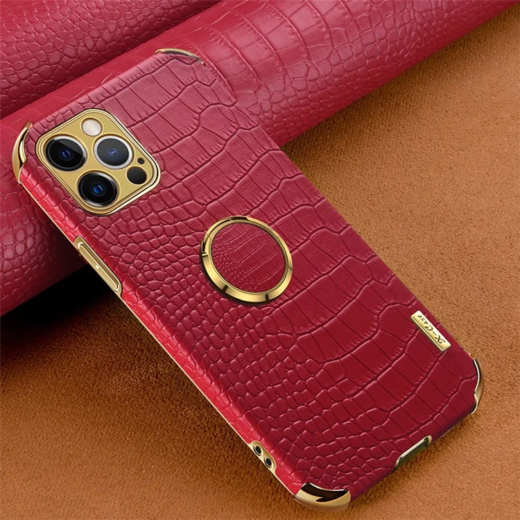 Crocodile Texture 6D Electroplating Design Precise Cutout PU Leather+TPU Phone Case with Ring Holder for iPhone 12 Pro - Orange