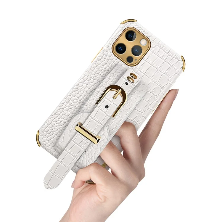 6D Crocodile Texture Electroplated PU Leather Coated TPU Phone Case with Wrist Strap for iPhone 12 Pro - White