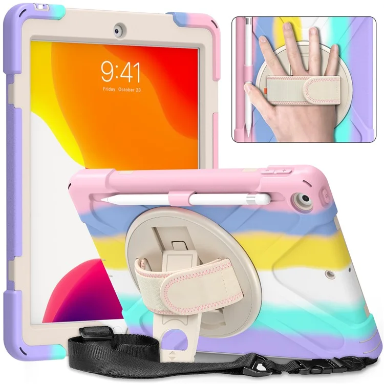 Rotary Kickstand Design Tablet Cover with Shoulder Strap for iPad 10.2 (2021)/(2020)/(2019) - Colorful/Pink