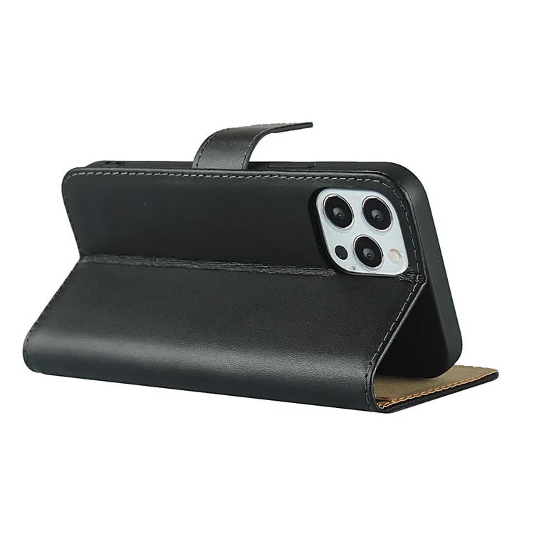 Echte Leder -brieftasche Stand Phone Protector Case Shell Für Iphone 12 / 12 Pro - Schwarz