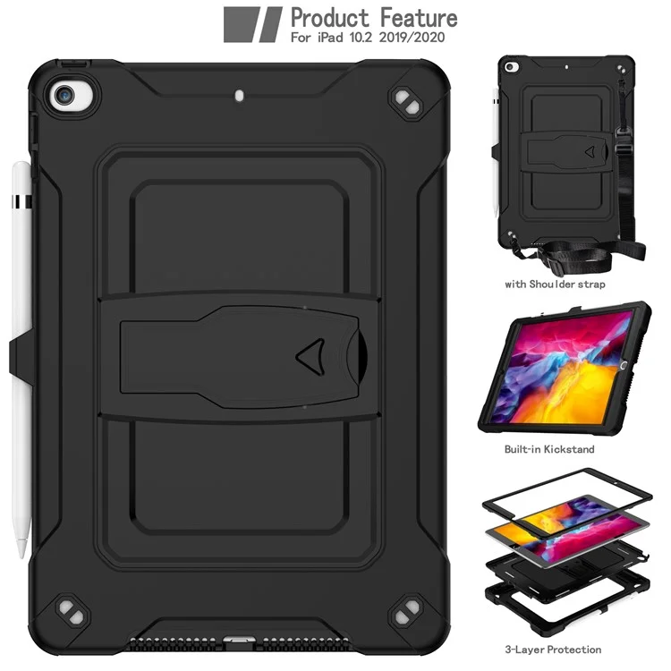 protezione completa pc + coperchio di tablet in silicone con cavalletto per ipad 10.2 (2020)/ipad air 10.5 pollici (2019)/ipad 10.2 (2019) - nero