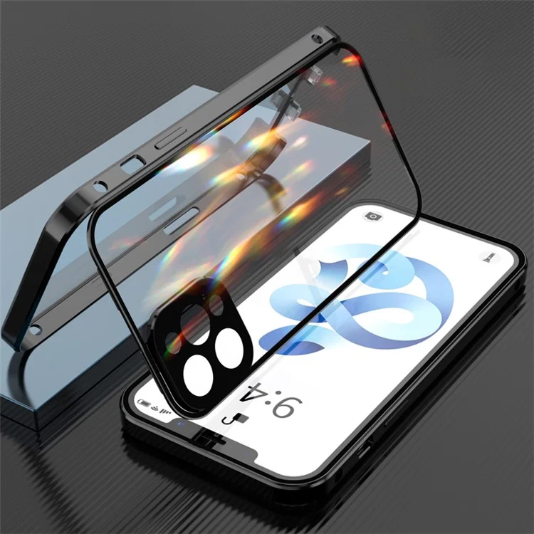 Moldura de Metal Magnético + Casca de Proteção à Câmera de Capa Completa de Capa de Vidro Dupla Face Para Iphone 12 Pro Max - Preto