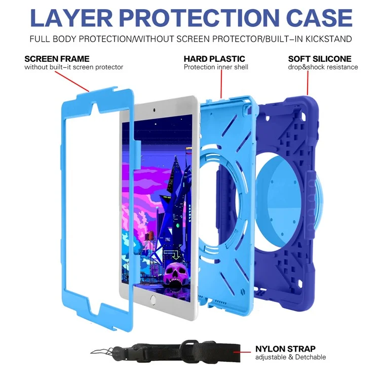 Design Del Commozione Del Kickstand Girevole a 360 Gradi PC + Tablet Ibrido Silicone Con Spalla Per Spalla Per Ipad 10.2 (2020)/(2021) / iPad 10.2 (2019) - Drak Blue+Blue