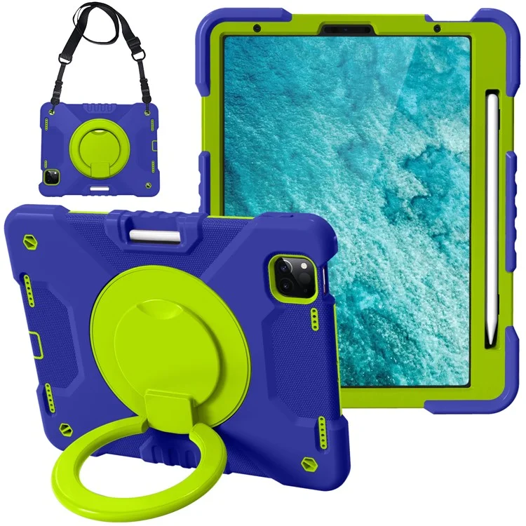 Diseño de Pata Giratoria de 360 ​​grados PC + Caja de Tableta Híbrida de Silicona Con Correa Para el Hombro Para el Aire Del Ipad (2020)/aire (2022) / Pro 11 Pulgadas (2021) (2020) (2018) - Azul Oscuro+verde