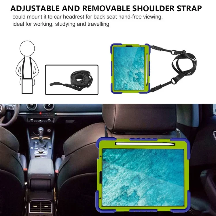 Diseño de Pata Giratoria de 360 ​​grados PC + Caja de Tableta Híbrida de Silicona Con Correa Para el Hombro Para el Aire Del Ipad (2020)/aire (2022) / Pro 11 Pulgadas (2021) (2020) (2018) - Azul Oscuro+verde