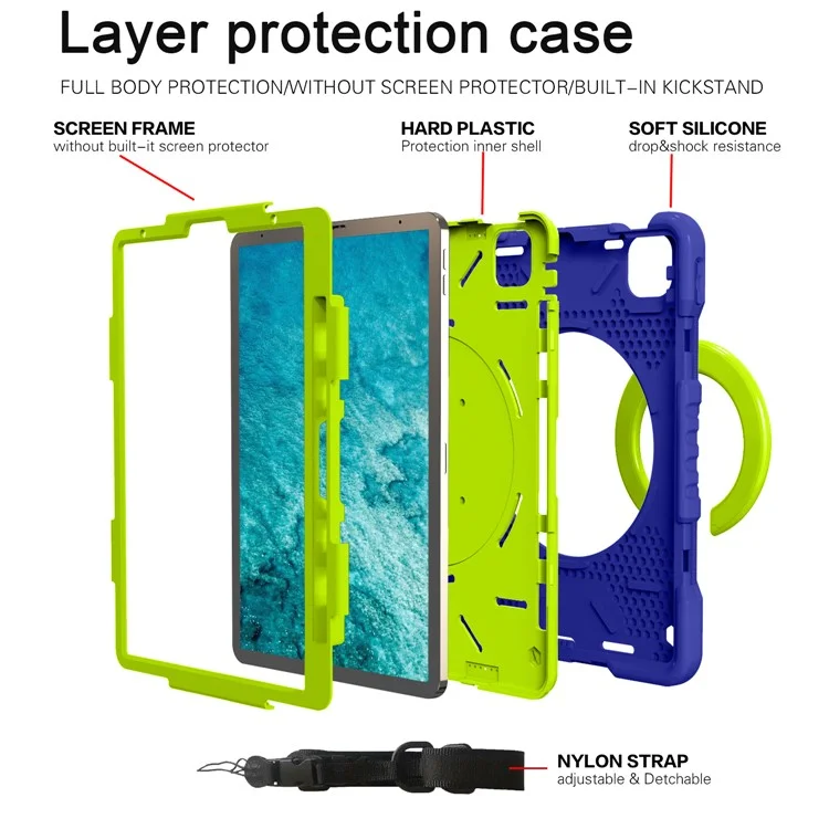 Diseño de Pata Giratoria de 360 ​​grados PC + Caja de Tableta Híbrida de Silicona Con Correa Para el Hombro Para el Aire Del Ipad (2020)/aire (2022) / Pro 11 Pulgadas (2021) (2020) (2018) - Azul Oscuro+verde