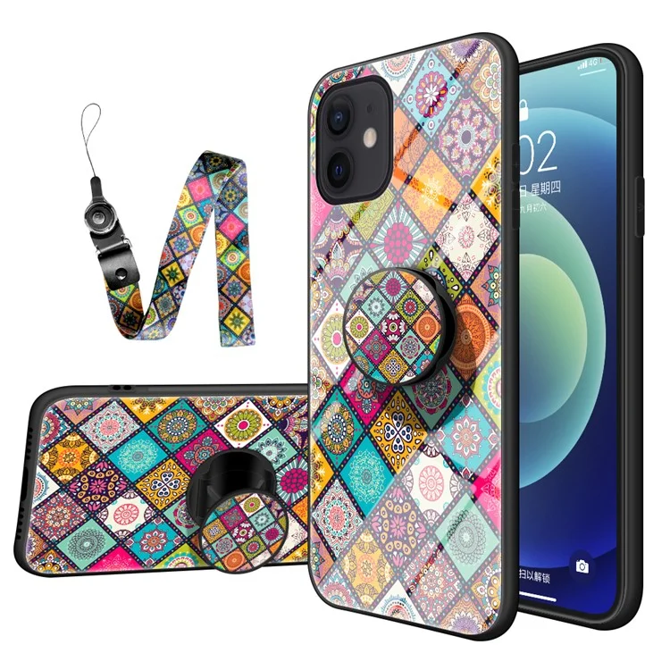 Colorful Flower Print Glass Hybrid Phone Cover Case with Kickstand Lanyard for iPhone 12 Pro/12 - Checkered Pattern