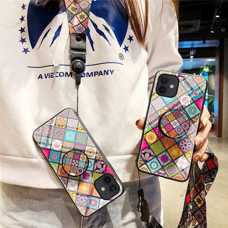 Colorful Flower Print Glass Hybrid Phone Cover Case with Kickstand Lanyard for iPhone 12 Pro/12 - Checkered Pattern