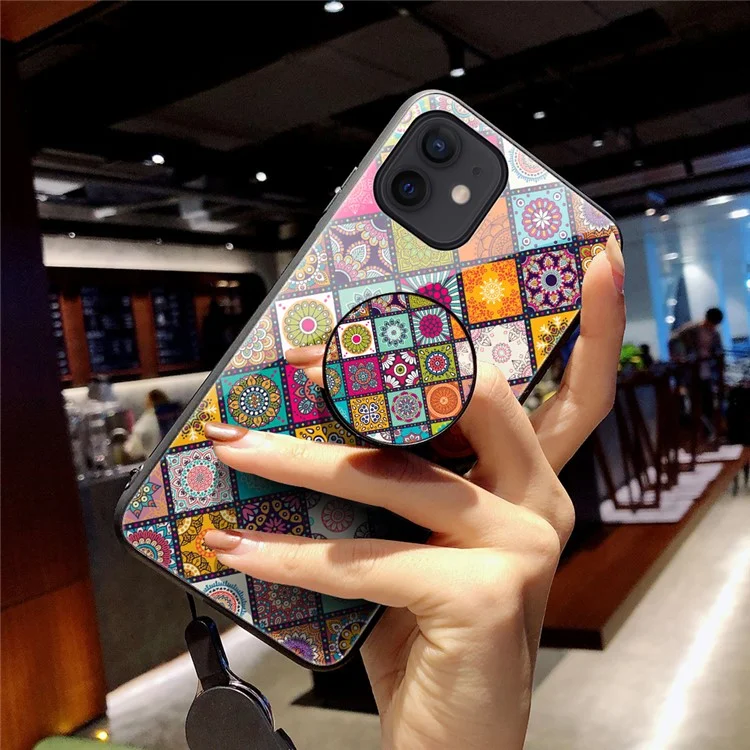 Colorful Flower Print Glass Hybrid Phone Cover Case with Kickstand Lanyard for iPhone 12 Pro/12 - Checkered Pattern