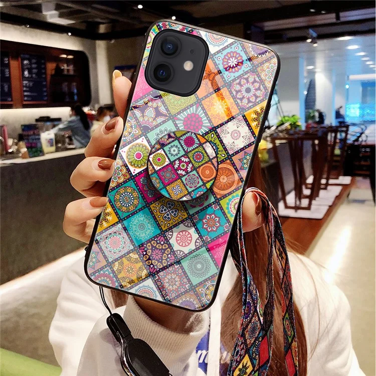 Colorful Flower Print Glass Hybrid Phone Cover Case with Kickstand Lanyard for iPhone 12 Pro/12 - Checkered Pattern