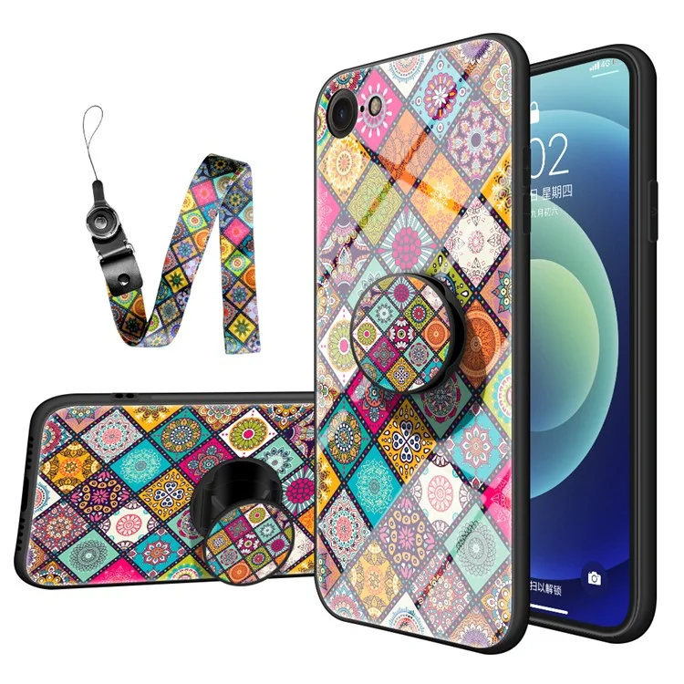 Colorful Flower Print Hybrid Glass Phone Case Cover with Kickstand Lanyard for iPhone 7/8 4.7 inch / SE (2020)/SE (2022) - Checkered Pattern