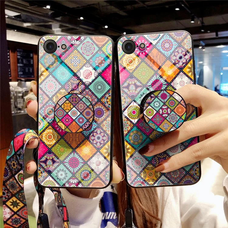 Colorful Flower Print Hybrid Glass Phone Case Cover with Kickstand Lanyard for iPhone 7/8 4.7 inch / SE (2020)/SE (2022) - Checkered Pattern
