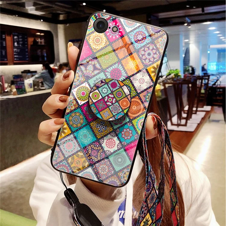 Colorful Flower Print Hybrid Glass Phone Case Cover with Kickstand Lanyard for iPhone 7/8 4.7 inch / SE (2020)/SE (2022) - Checkered Pattern