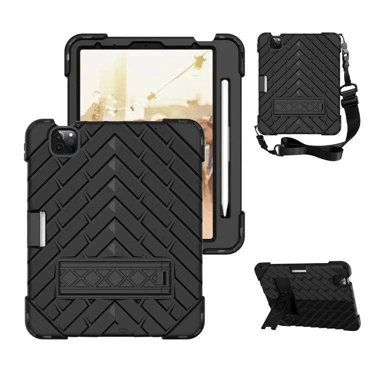 Rhombus Design PC + TPU Hybrid Tablet Shell Case with Kickstand and Lanyard for iPad Pro 11-inch (2022) / (2020) / (2021) - Black / Black