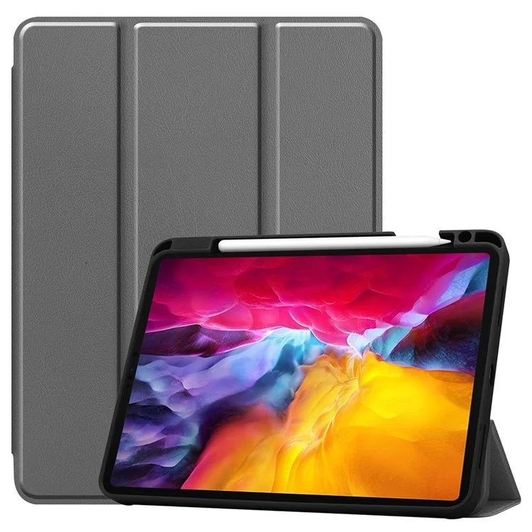Стабильная трехсекционная подставка Кожаный чехол-книжка Smart Case Shell с слотом для ручки для iPad Pro 11 дюймов (2021) - серый