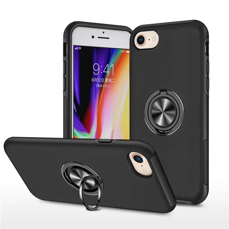 Hybrid Phone Case Cover Full Protection with Ring Shape Kickstand Design for iPhone 7 4.7 inch/8 4.7 inch/SE (2020)/SE (2022) - Black