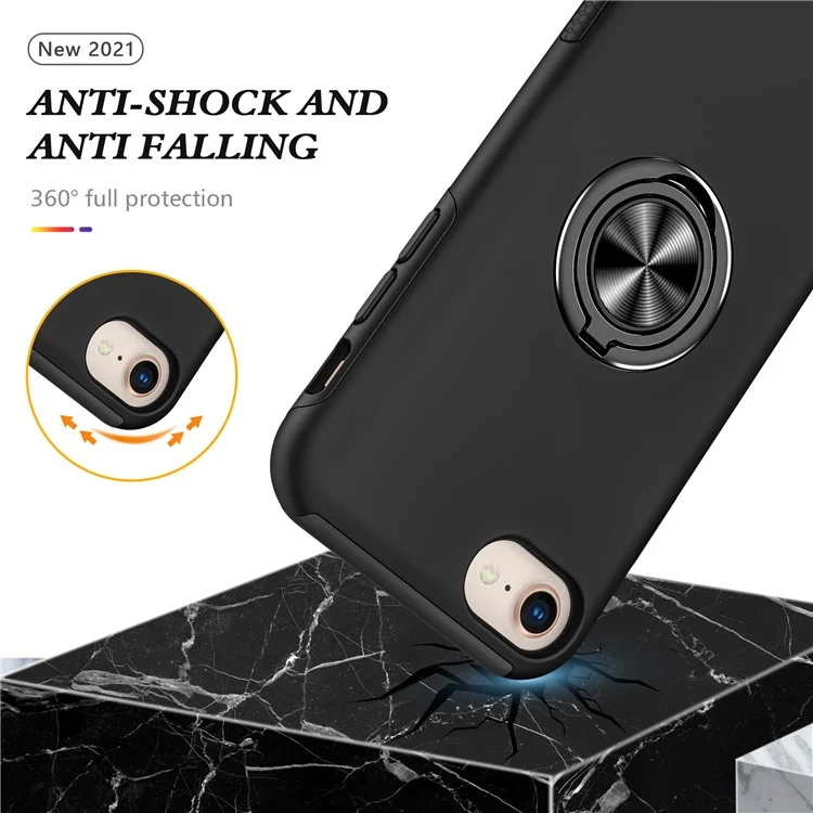 Hybrid Phone Case Cover Full Protection with Ring Shape Kickstand Design for iPhone 7 4.7 inch/8 4.7 inch/SE (2020)/SE (2022) - Black
