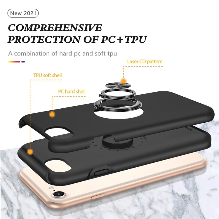 Hybrid Phone Case Cover Full Protection with Ring Shape Kickstand Design for iPhone 7 4.7 inch/8 4.7 inch/SE (2020)/SE (2022) - Black