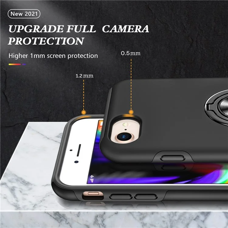 Hybrid Phone Case Cover Full Protection with Ring Shape Kickstand Design for iPhone 7 4.7 inch/8 4.7 inch/SE (2020)/SE (2022) - Black