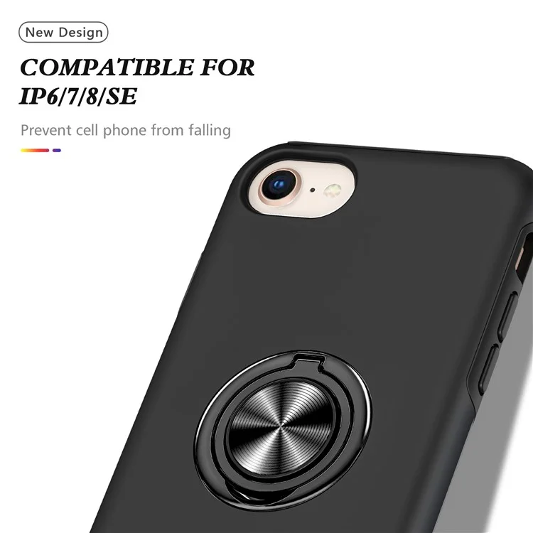 Hybrid Phone Case Cover Full Protection with Ring Shape Kickstand Design for iPhone 7 4.7 inch/8 4.7 inch/SE (2020)/SE (2022) - Black