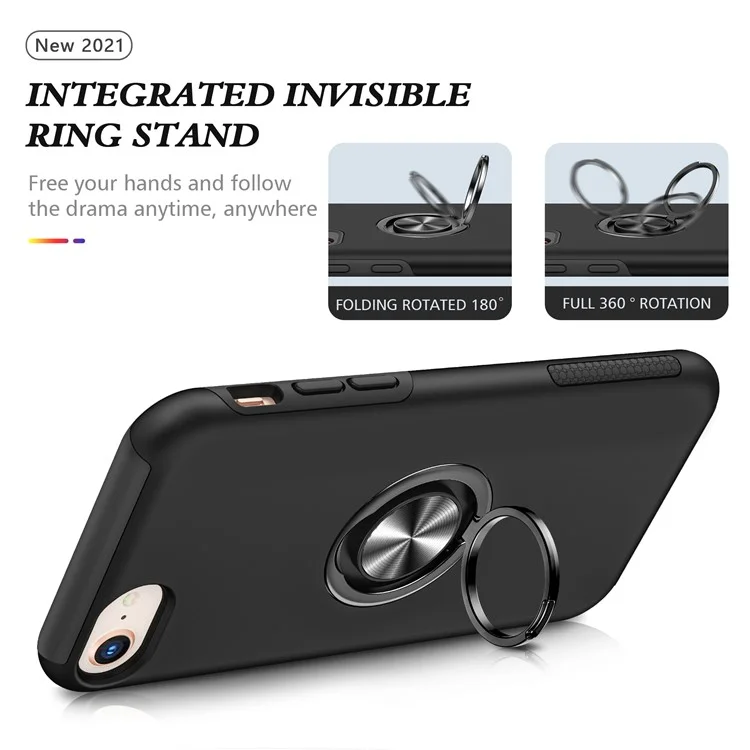 Hybrid Phone Case Cover Full Protection with Ring Shape Kickstand Design for iPhone 7 4.7 inch/8 4.7 inch/SE (2020)/SE (2022) - Black