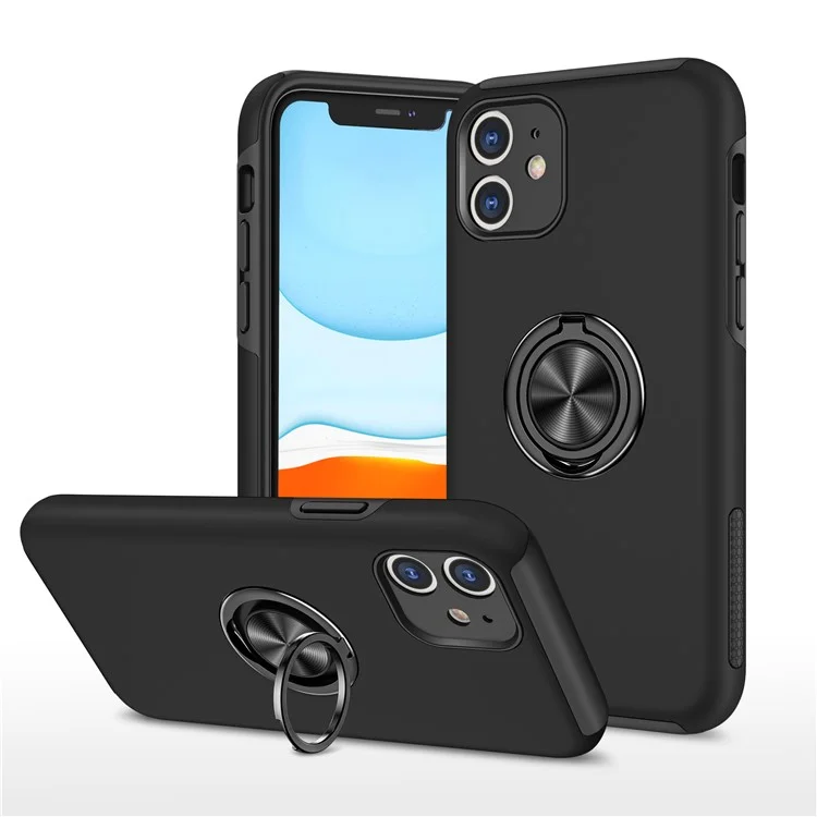 Funda de teléfono híbrida con forma de anillo y diseño de soporte para iPhone 11 de 6.1 pulgadas - Negro