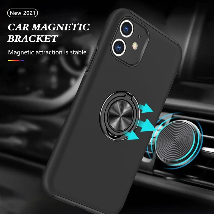 Funda de teléfono híbrida con forma de anillo y diseño de soporte para iPhone 11 de 6.1 pulgadas - Negro