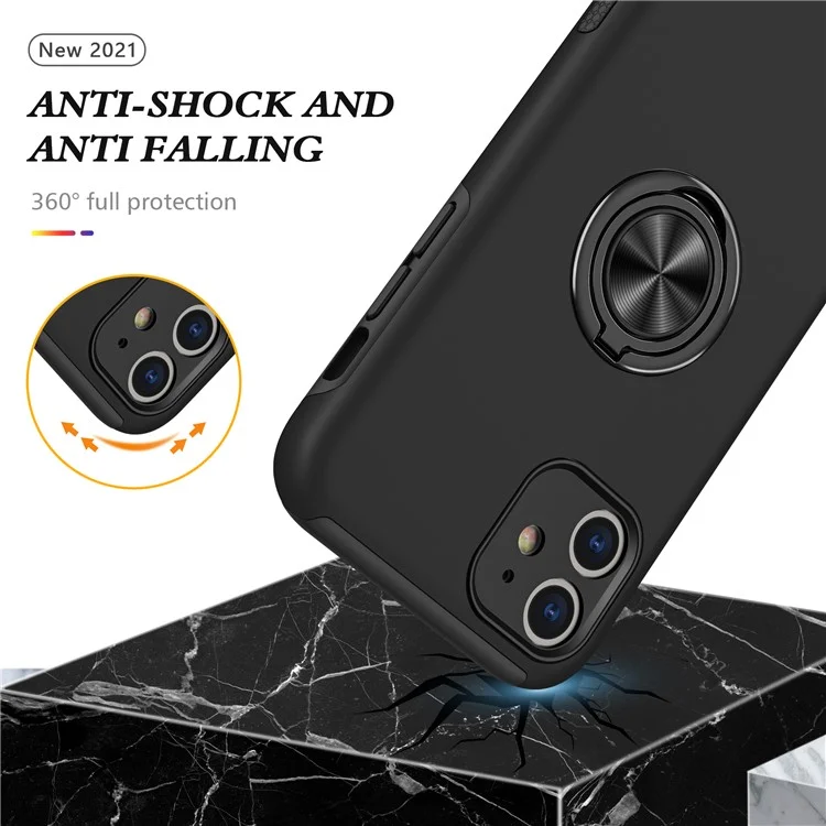 Funda de teléfono híbrida con forma de anillo y diseño de soporte para iPhone 11 de 6.1 pulgadas - Negro