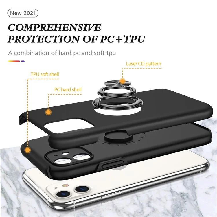 Funda de teléfono híbrida con forma de anillo y diseño de soporte para iPhone 11 de 6.1 pulgadas - Negro