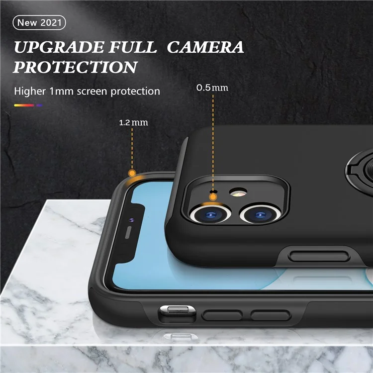 Funda de teléfono híbrida con forma de anillo y diseño de soporte para iPhone 11 de 6.1 pulgadas - Negro