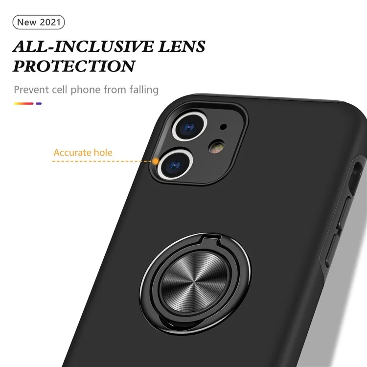 Funda de teléfono híbrida con forma de anillo y diseño de soporte para iPhone 11 de 6.1 pulgadas - Negro