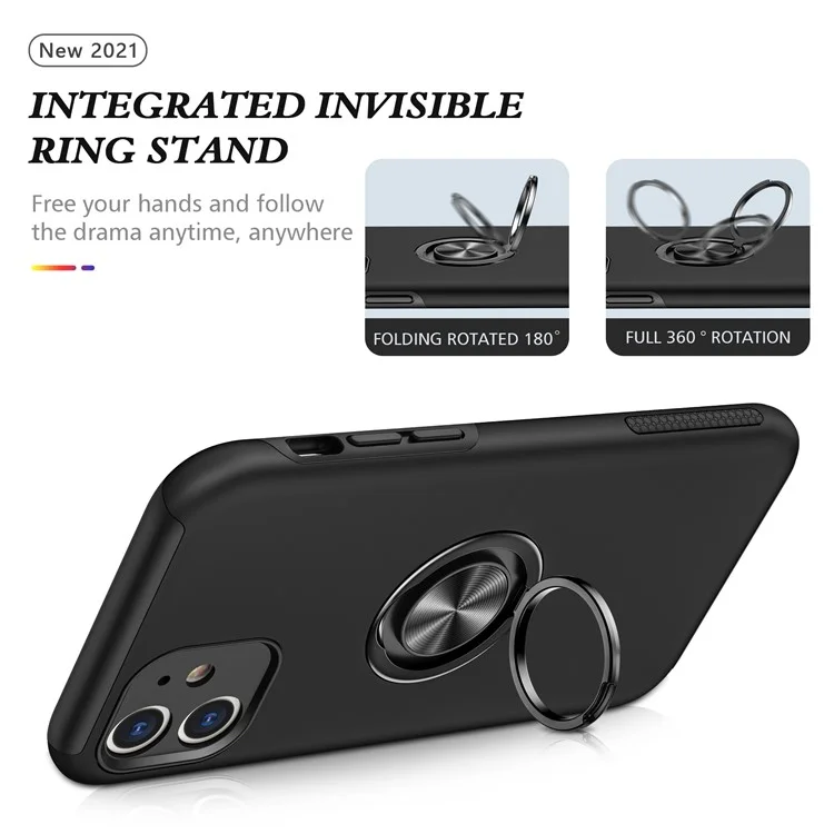 Funda de teléfono híbrida con forma de anillo y diseño de soporte para iPhone 11 de 6.1 pulgadas - Negro