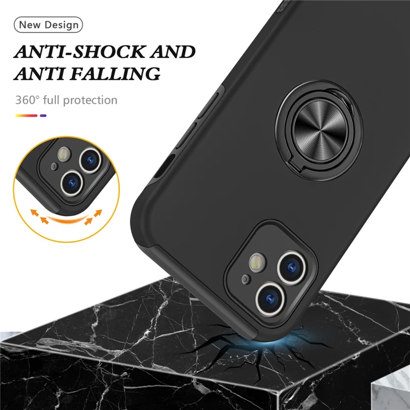 Full Protection Hybrid Phone Cover Case Ring Shape Kickstand Design for iPhone 12 - Black