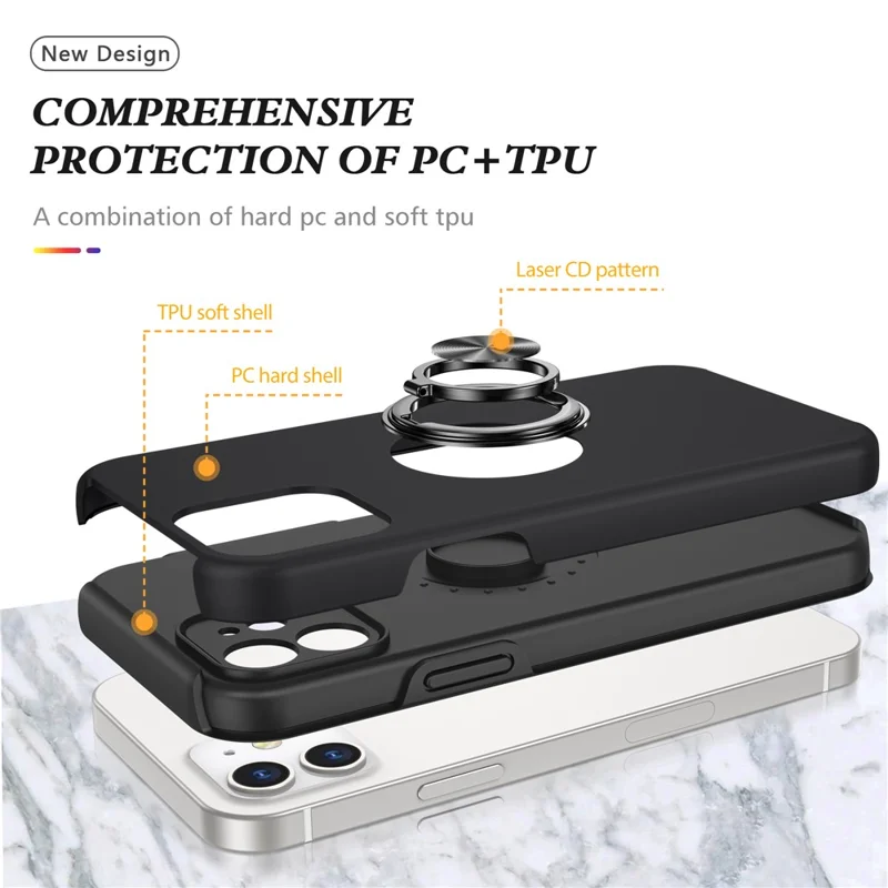 Full Protection Hybrid Phone Cover Case Ring Shape Kickstand Design for iPhone 12 - Black