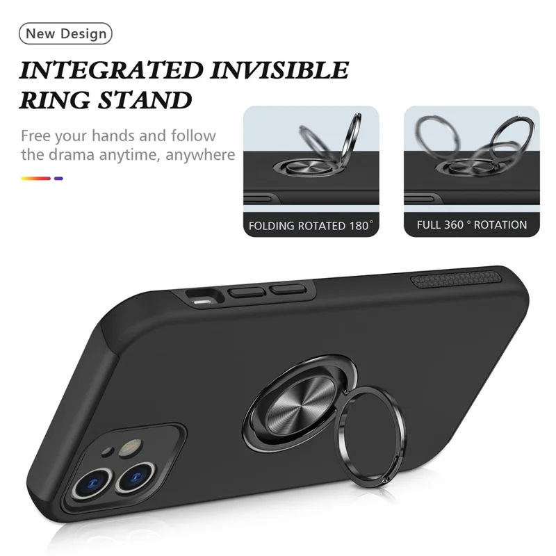 Full Protection Hybrid Phone Cover Case Ring Shape Kickstand Design for iPhone 12 - Black