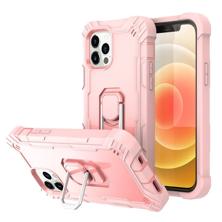 PC + Silicone Shockproof Phone Case Shell with Rotation Kickstand for iPhone 12/12 Pro - Rose Gold