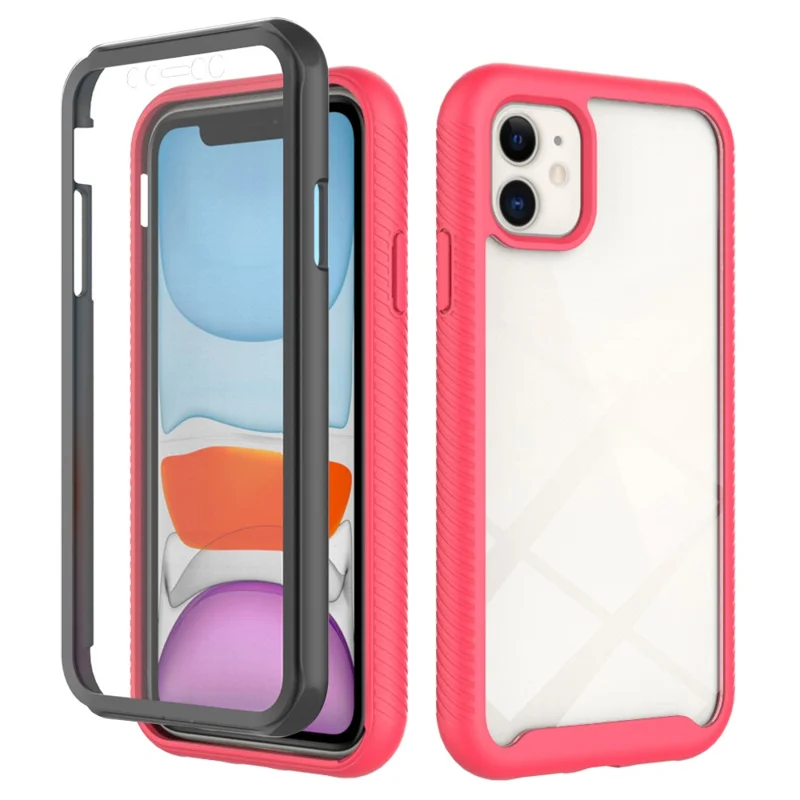 For iPhone 11 6.1 inch Phone Case 3-in-1 Anti-Drop Full Protection PC+TPU Protective Cover with PET Screen Protector - Deep Pink / Black Frame
