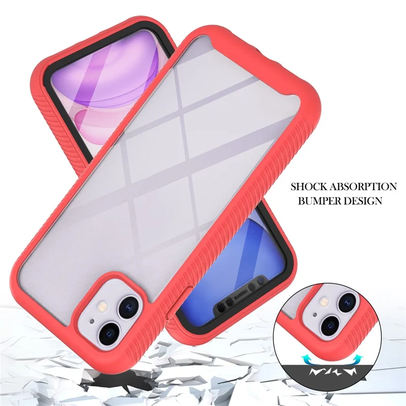 For iPhone 11 6.1 inch Phone Case 3-in-1 Anti-Drop Full Protection PC+TPU Protective Cover with PET Screen Protector - Deep Pink / Black Frame