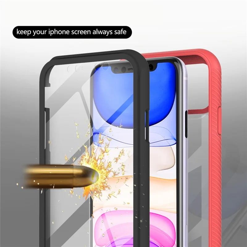 For iPhone 11 6.1 inch Phone Case 3-in-1 Anti-Drop Full Protection PC+TPU Protective Cover with PET Screen Protector - Deep Pink / Black Frame