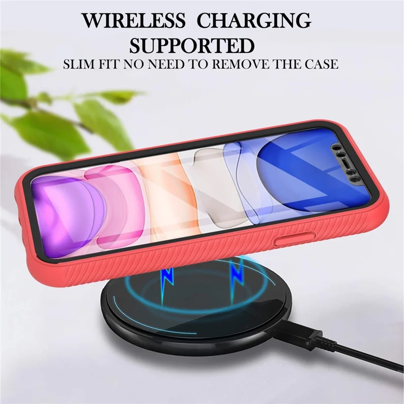 For iPhone 11 6.1 inch Phone Case 3-in-1 Anti-Drop Full Protection PC+TPU Protective Cover with PET Screen Protector - Deep Pink / Black Frame