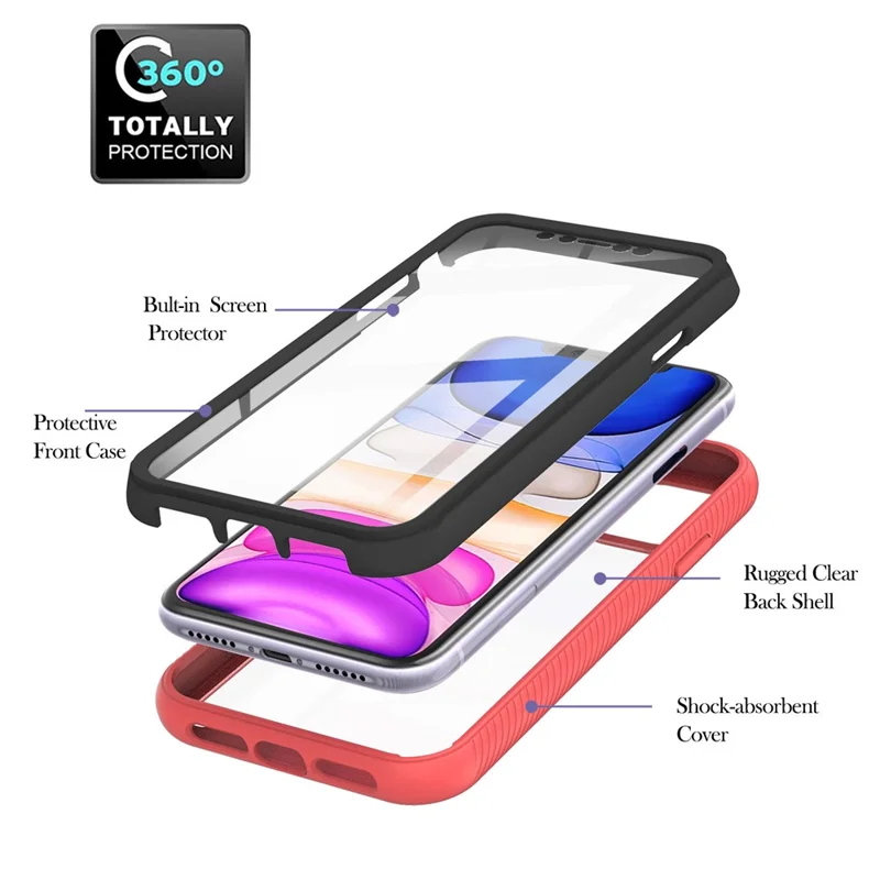 For iPhone 11 6.1 inch Phone Case 3-in-1 Anti-Drop Full Protection PC+TPU Protective Cover with PET Screen Protector - Deep Pink / Black Frame