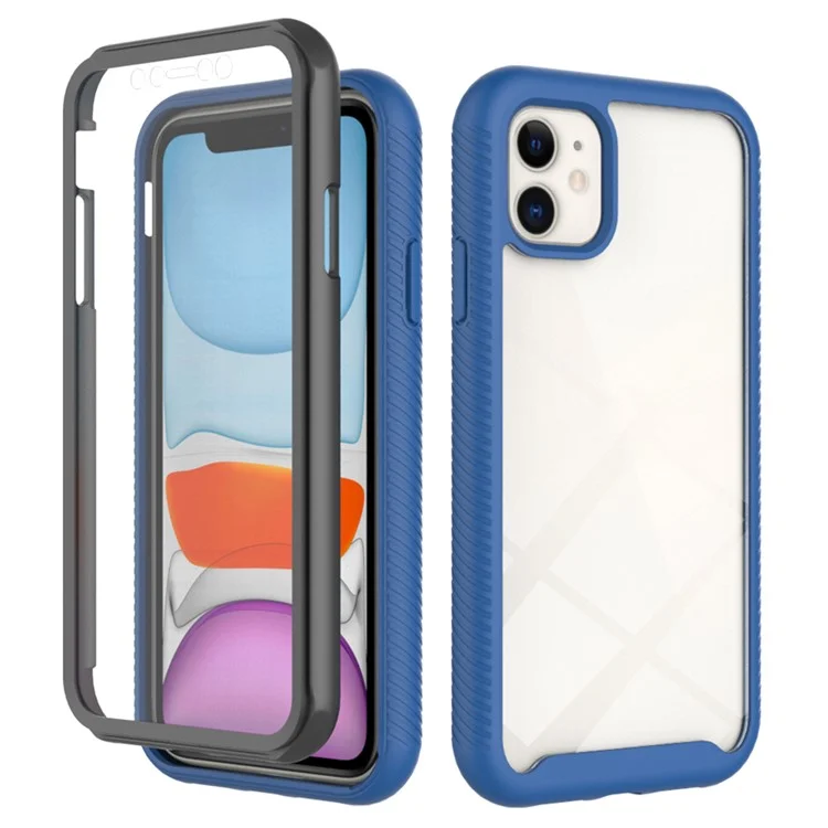For iPhone 11 6.1 inch Phone Case 3-in-1 Anti-Drop Full Protection PC+TPU Protective Cover with PET Screen Protector - Blue / Black Frame