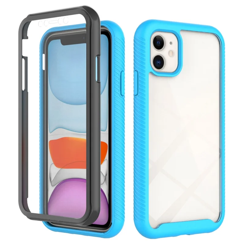 3 in 1 Anti-Drop Full Protection PC + TPU Protective Case with PET Screen Protector for iPhone 11 6.1 inch - Baby Blue / Black Frame