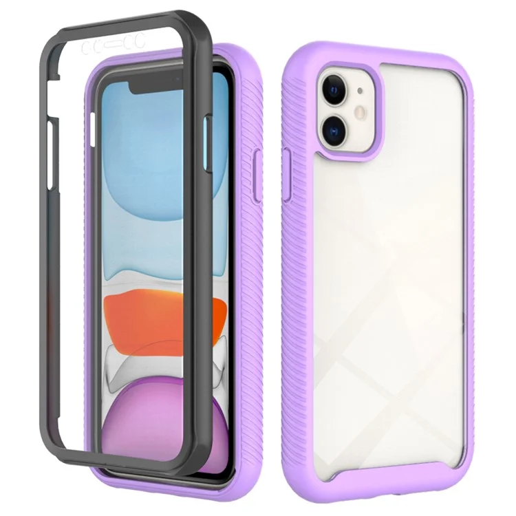 Capa Protetora PC + TPU Completa 3 em 1 Anti-Queda com Protetor de Tela PET para iPhone 11 6.1 polegadas - Moldura Preta / Roxa