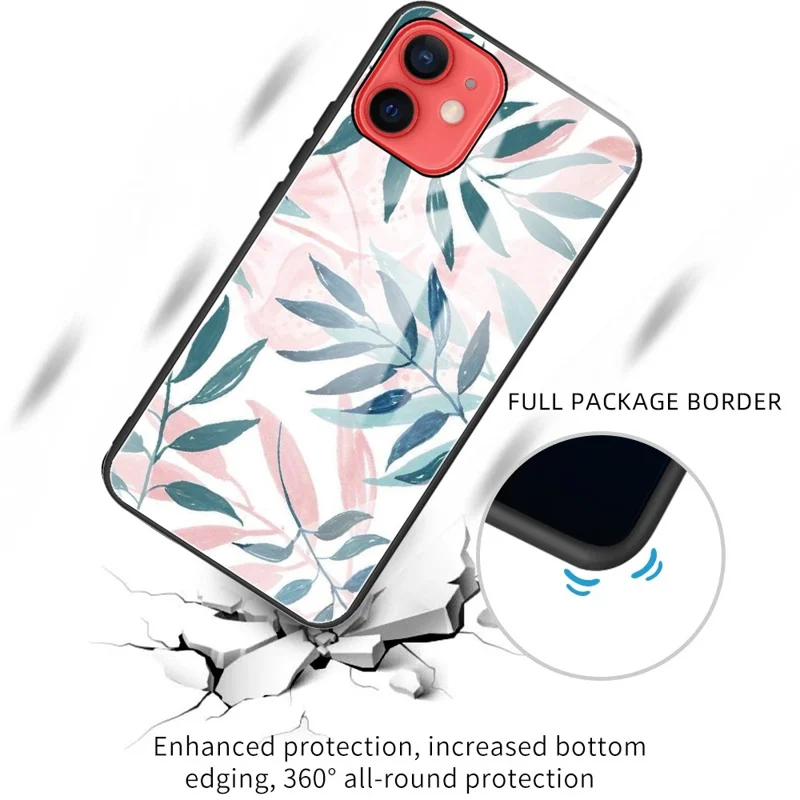 Pattern Printing Tempered Glass + TPU Phone Protective Shell Case for iPhone 11 6.1 inch - Leaves