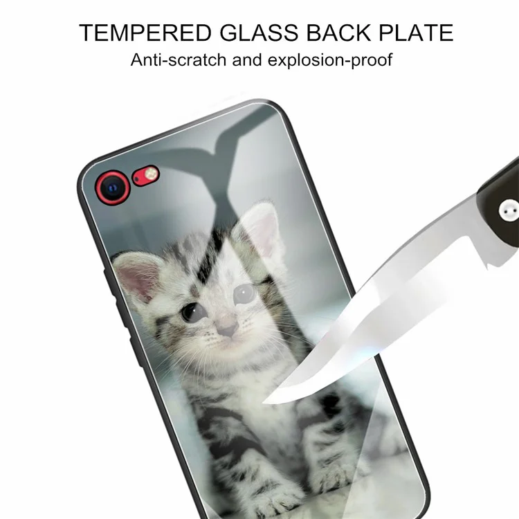 Tempered Glass + TPU Hybrid Case Pattern Printing Phone Cover for iPhone 7 4.7 inch/8 4.7 inch/SE (2020)/SE (2022) - Cat